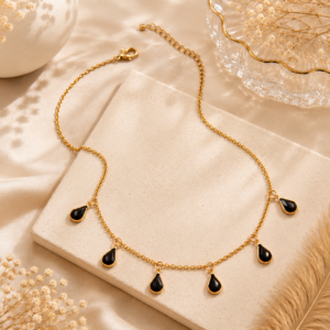 Black bead tear drop necklace