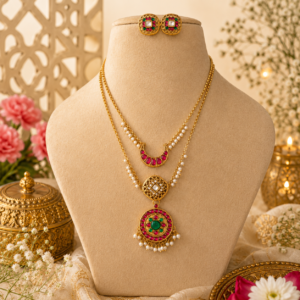 Double layered Pearl multi stone accent necklace set
