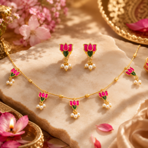 Pink enamel lotus charm necklace
