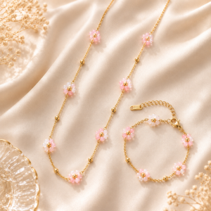 Baby pink dainty floral bead combo set