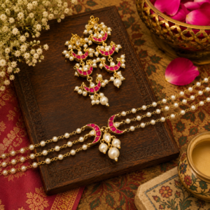 Rani pink Pearl crescent 3 layered necklace