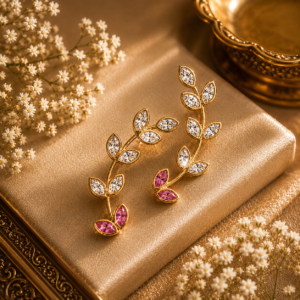 Precious stone leaf cascade ear studs