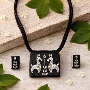 Hand painted black Llama terracotta necklace set