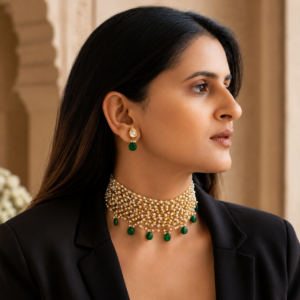 Emerald pearl layered choker set
