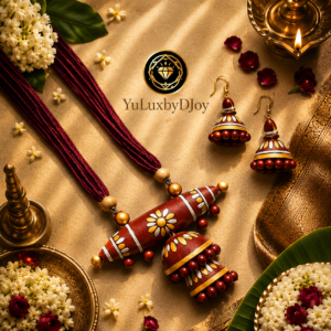 Hand painted maroon terracotta slab necklace set