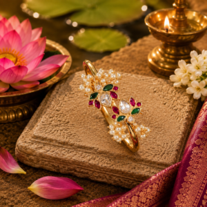 Lotus motif precious stone cuff bracelet