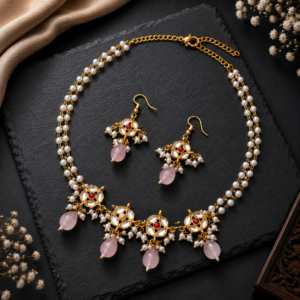 Pink bead and pearl necklace set